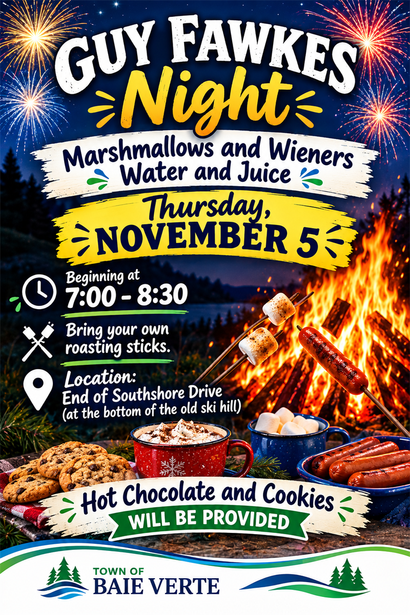 Guy Fawkes Night poster. Event held by the town of Baie Verte on November 5, 7-8:30 p.m.